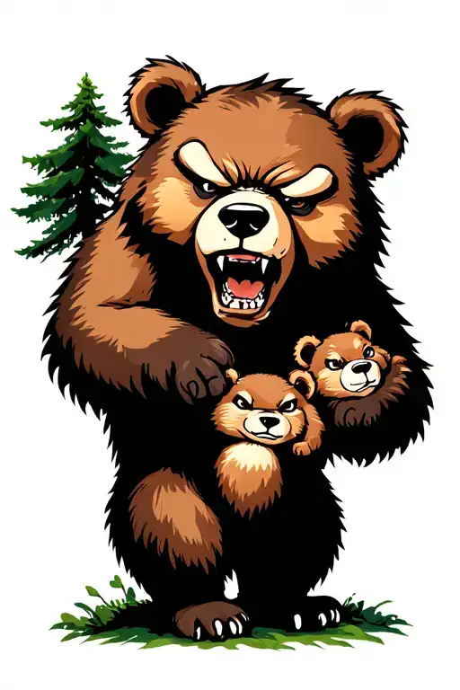 angry bear with cubs in forest tattoo design idea