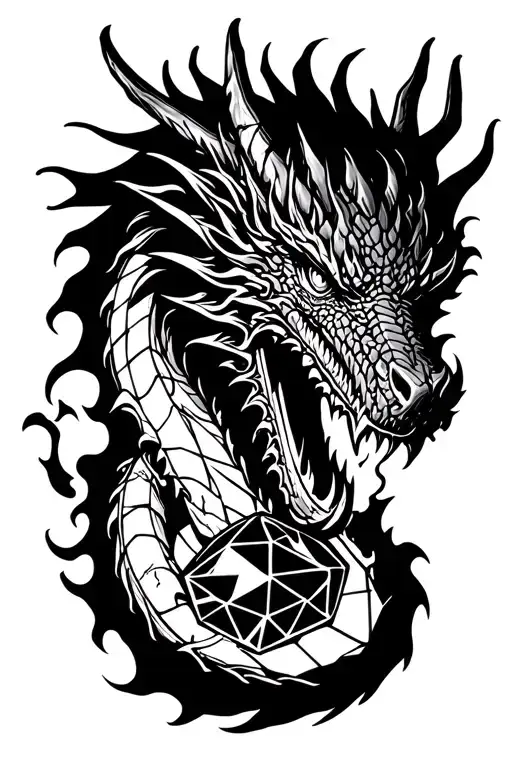 dragon head breathing fire holding a icosahedron in it's mouth tattoo design idea