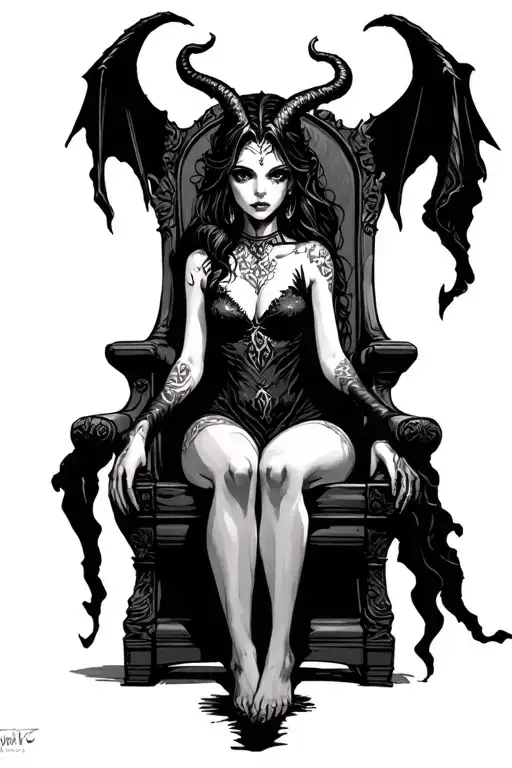 devil girl sitting on a throne tattoo design idea
