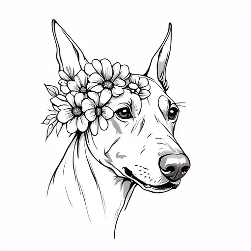 Doberman with flowers instead of eyelashes tattoo design idea