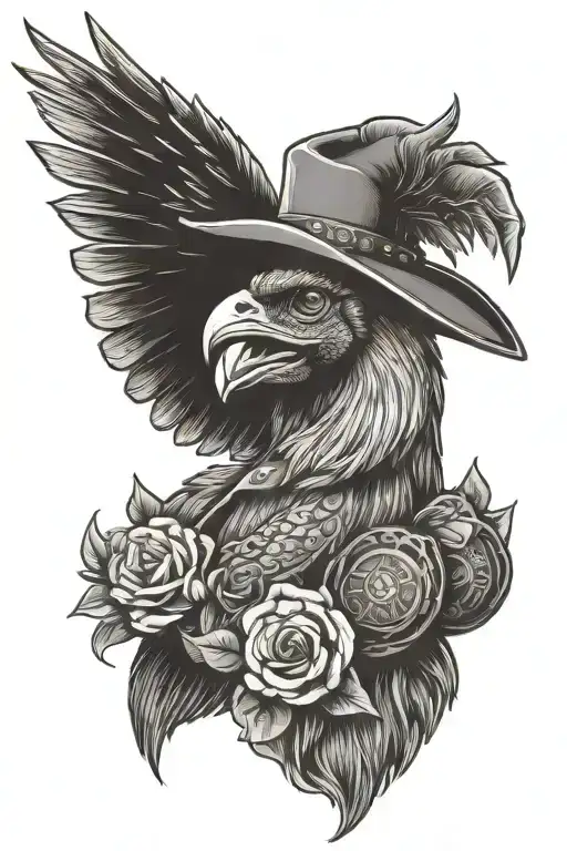 In the tattoo, I want a colt 45 pistol, fighting rooster, goat, John Deere Logo, buzzard, pond, cowboy hat,  tattoo design idea