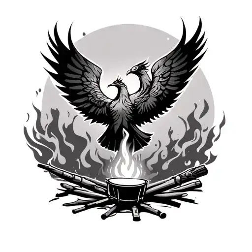 Create an image for a tattoo sleeve that features an abstract phoenix on the bottom, then a campfire and drumsticks tattoo design idea