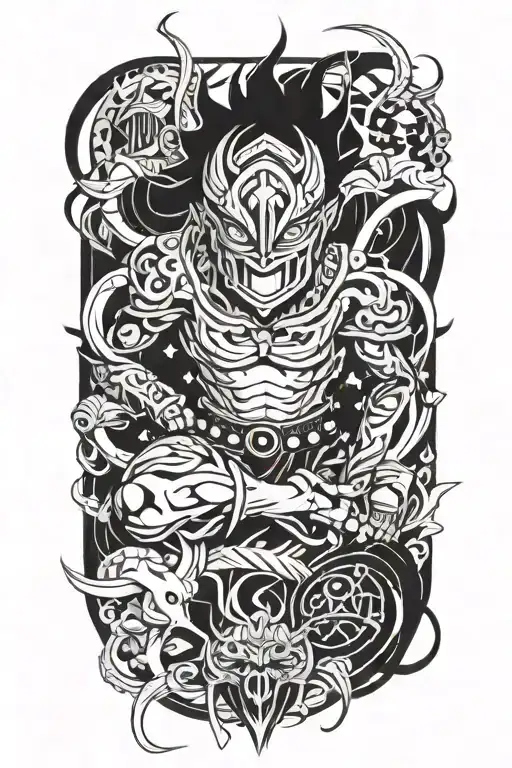 anime character wearing a mask fighting off inner demons tattoo design idea