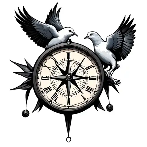2 doves holding a compass clock face tattoo design idea