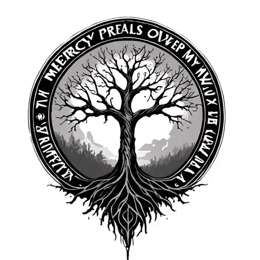 My mercy prevails over my wrath in a circle with a tree in the middle tattoo design idea