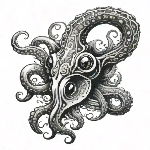 squid, black and grey, featuring colour eyes  tattoo design idea