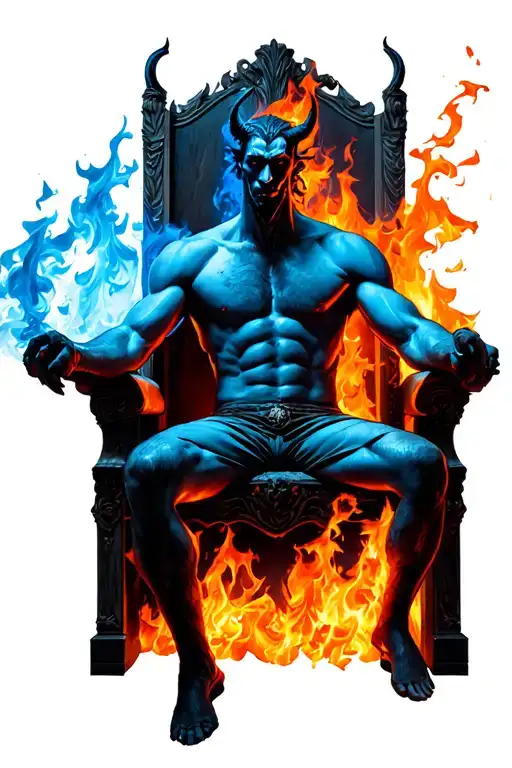 half devil half man sitting on a throne with flames burning red flames for the devil blue flames for the man tattoo design idea