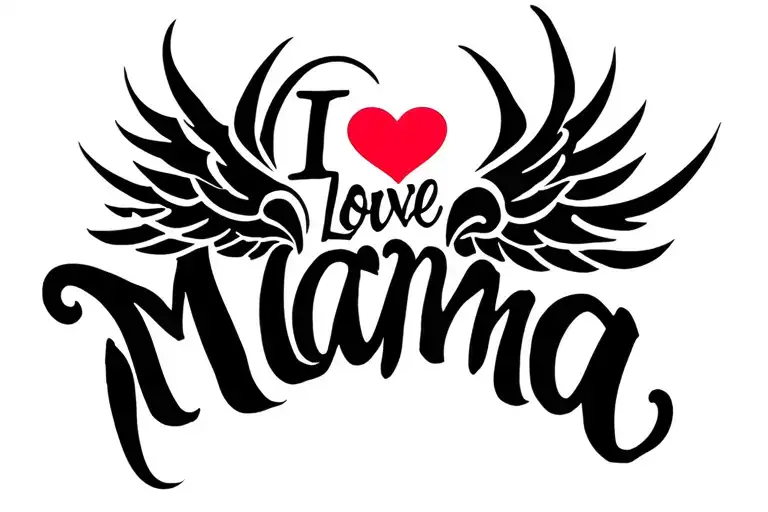 A very small masculine tattoo in the upper back, wings open to the sides and in the middle the inscription "I love Mama" tattoo design idea