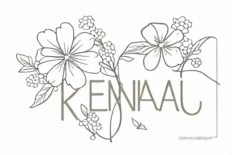The word Kenai with one forget me not flower next to it tattoo design idea