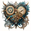 A steampunk-inspired clockwork heart intertwined with intricate symbols and sigils tattoo design idea
