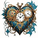 A steampunk-inspired clockwork heart intertwined with intricate symbols and sigils tattoo design idea