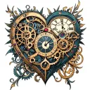 A steampunk-inspired clockwork heart intertwined with intricate symbols and sigils tattoo design idea