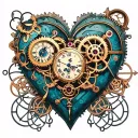 A steampunk-inspired clockwork heart intertwined with intricate symbols and sigils tattoo design idea