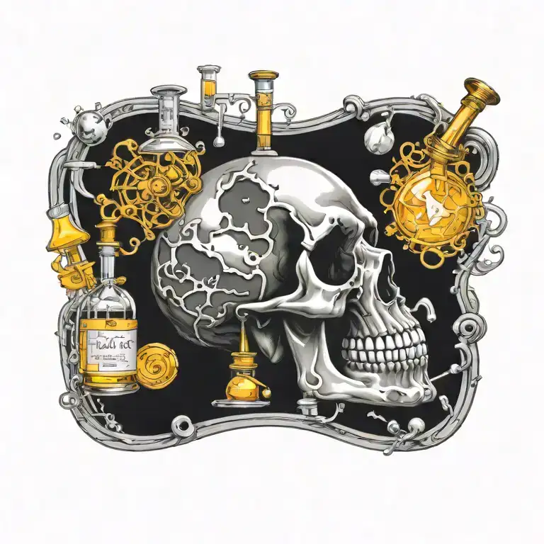 A skull design incorporating elements of chemistry equipment and symbols tattoo design idea