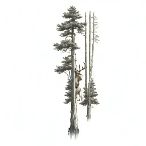 tall cypress trees with deer skull tattoo design idea