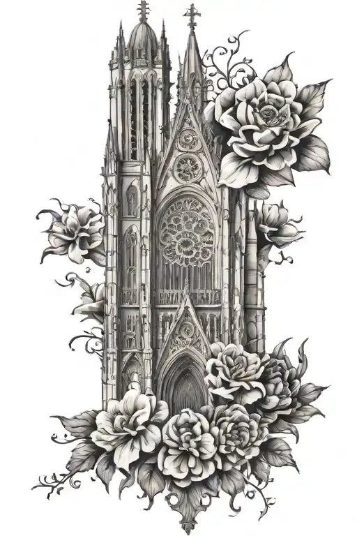Gothic cathedral, flowers blooming, cross tattoo tattoo design idea