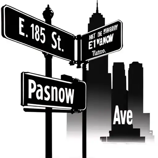Cleveland skyline with street sign, one says E 185 St. and the other says Pasnow Ave. tattoo design idea
