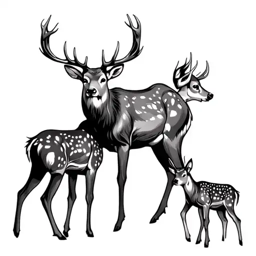 male deer with majestic antlers 2 baby deer by his side tattoo design idea