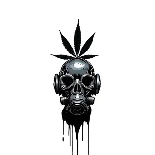 composition,black robot skull with gas mask,marijuana leaves in the background,dripping blood tattoo design idea