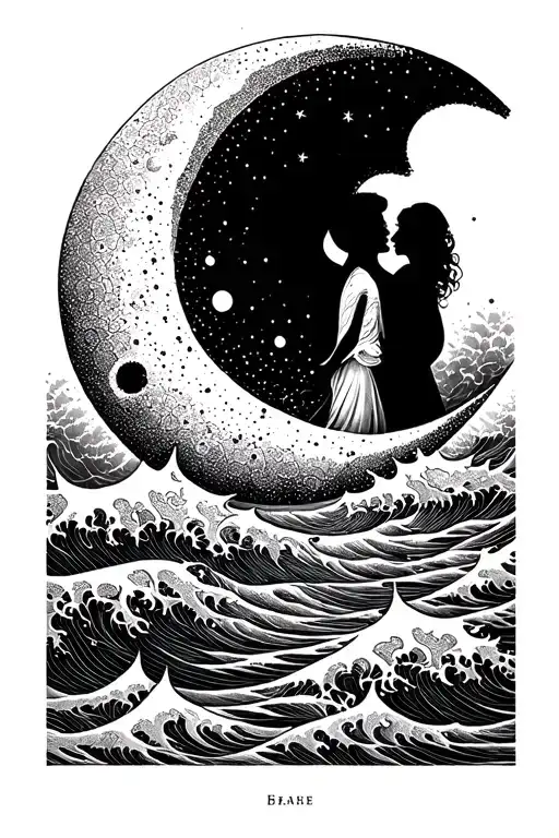 moon and waves couple tattoo design idea