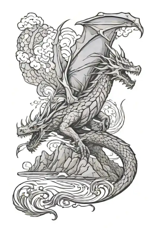 fantasy landscape + line + water or fire breathing dragon tattoo design idea