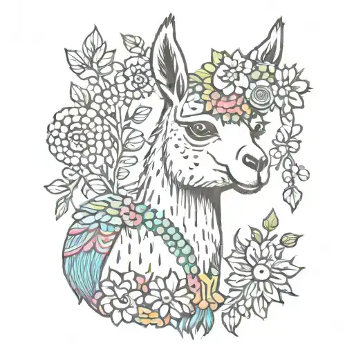 colorful llama with flower crown knitting a blanket tattoo design idea