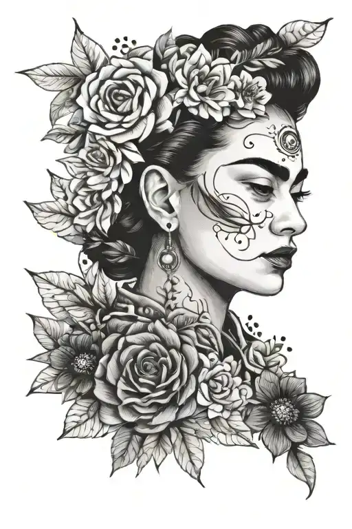 frida kahlo face surrounded by flowers  tattoo design idea