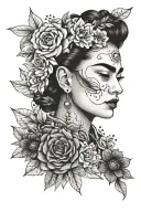 frida kahlo face surrounded by flowers  tattoo design idea