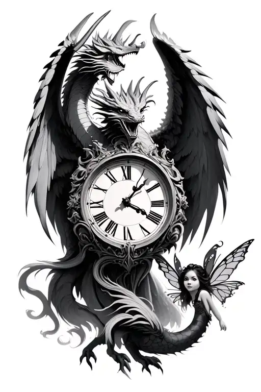 flying dragon guardian angel with fantasy fairy and clock tattoo design idea