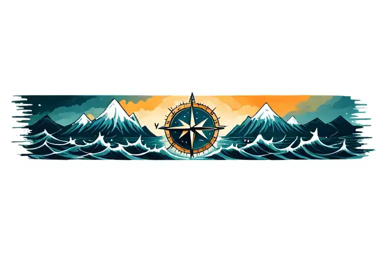 compass with band made of mountains and crashing waves tattoo design idea