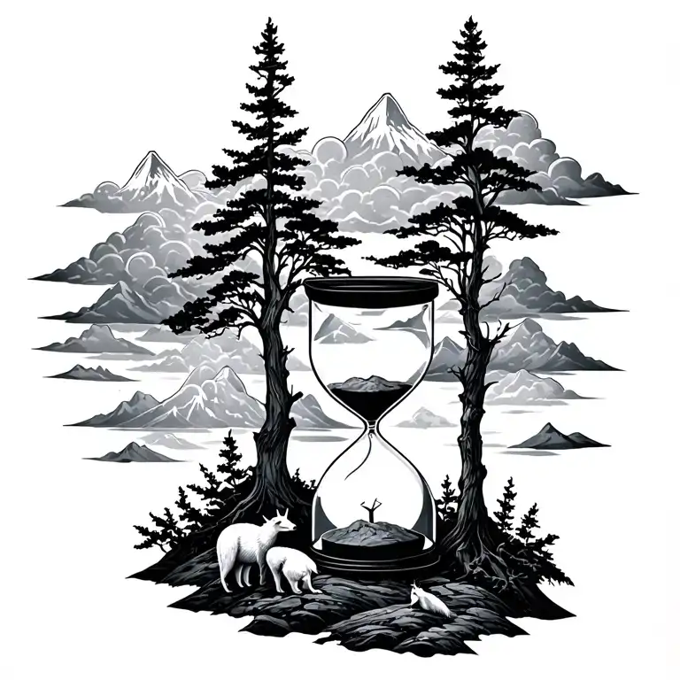mountains, clouds, animals, hourglass , tree tattoo design idea