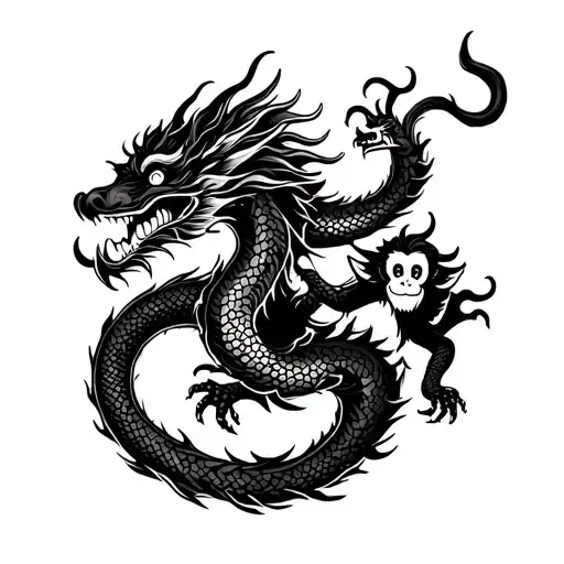 chinese dragon intertwined with monkey holding tattoo design idea