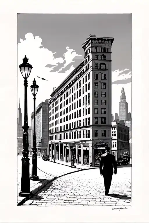 1920-30s chicago buildings, with a brick road throught it, lamp posts and A guy in a black suit walking away tattoo design idea