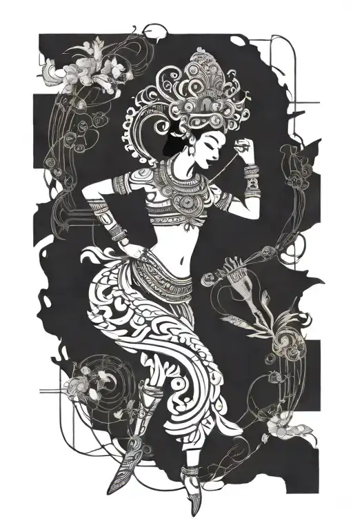 Combine a Balinese dancer silhouette with a blueprint of a musical instrument, blending the client's passion for Bali and music with their engineering background tattoo design idea