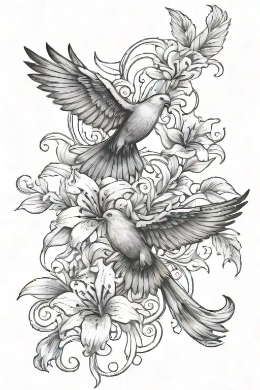 lily flowers, two flying doves, cross, lion eyes masculine tattoo tattoo design idea