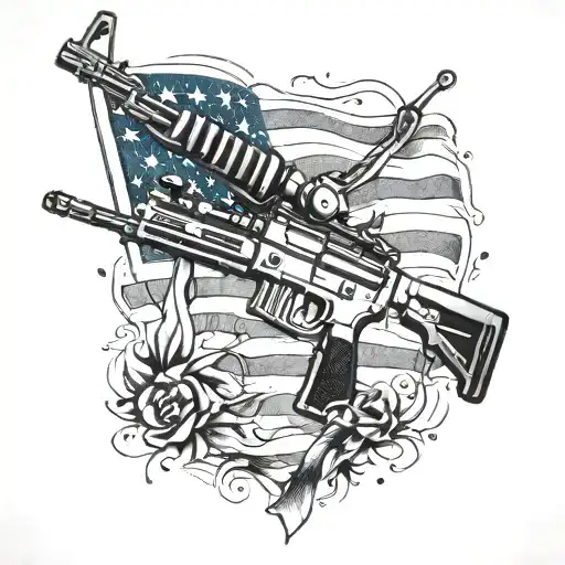 Design a blackwork tattoo featuring an AR 15 with American flag accents tattoo design idea