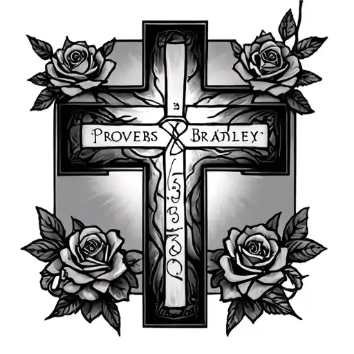 i want a medium cross tatto on my thigh, i want my last name bradley inside of if with the verse proverbs 3:5-6 tattoo design idea