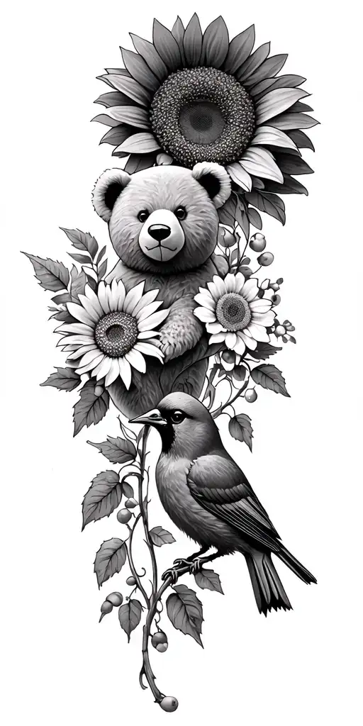 full sleeve, teddy bear facing forward, sunflower, cosmo flower, aster flower, hawthorn, primerose, cardinal bird, vines tattoo design idea