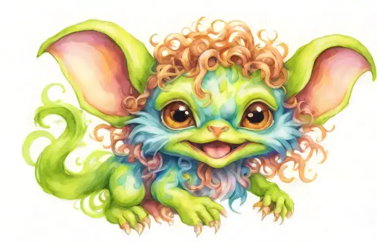 cute gremlin curly hair riding   tattoo design idea