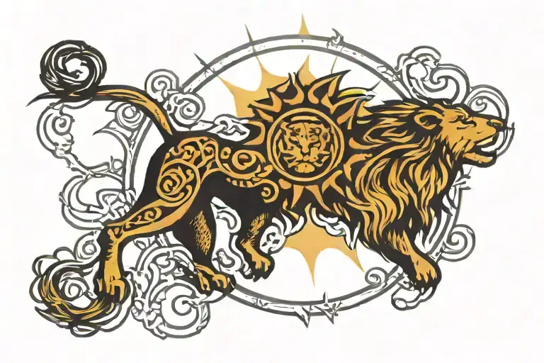 half tangled sun with lion below tattoo design idea