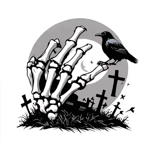 Skeleton hand hand tattoo with a graveyard on my hand with 3 crosses an a crow also add an half moon from soul eater lik tattoo design idea