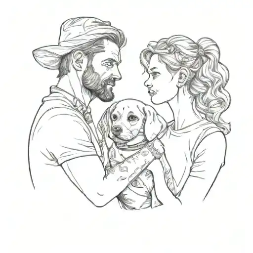 couple with a baby girls and a dog, fine line style art, not realistico but allusional and ironic tattoo design idea