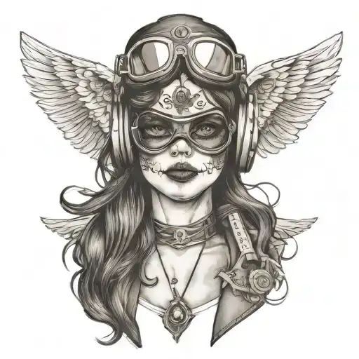 A Dia de los Muertos inspired tattoo of a girl  sugar skull pilot wearing aviator goggles tattoo design idea