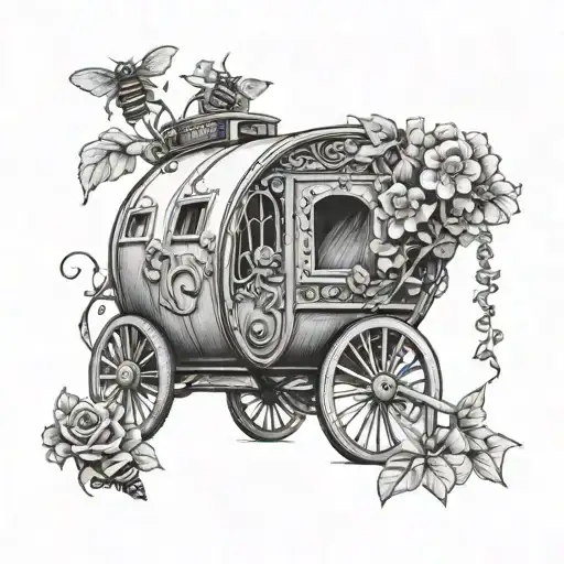 back of gypsy wagon with vines and flowers all around it and 3 bees tattoo design idea