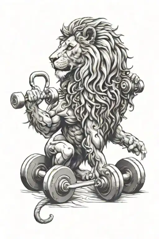 An intricate lion design incorporating workout equipment like dumbbells and kettlebells tattoo design idea