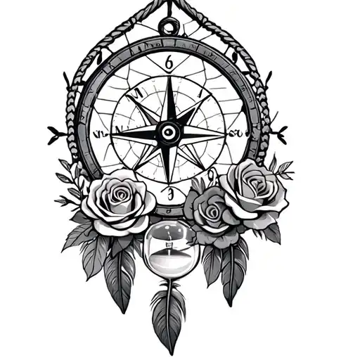 dreamcatcher with a vintage compass, a hourglass, a vintage clock, feathers and roses tattoo design idea