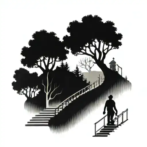 hills trees water man walking up the stairs  tattoo design idea