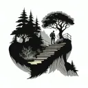 hills trees water man walking up the stairs  tattoo design idea