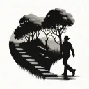 hills trees water man walking up the stairs  tattoo design idea