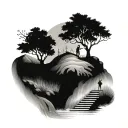 hills trees water man walking up the stairs  tattoo design idea